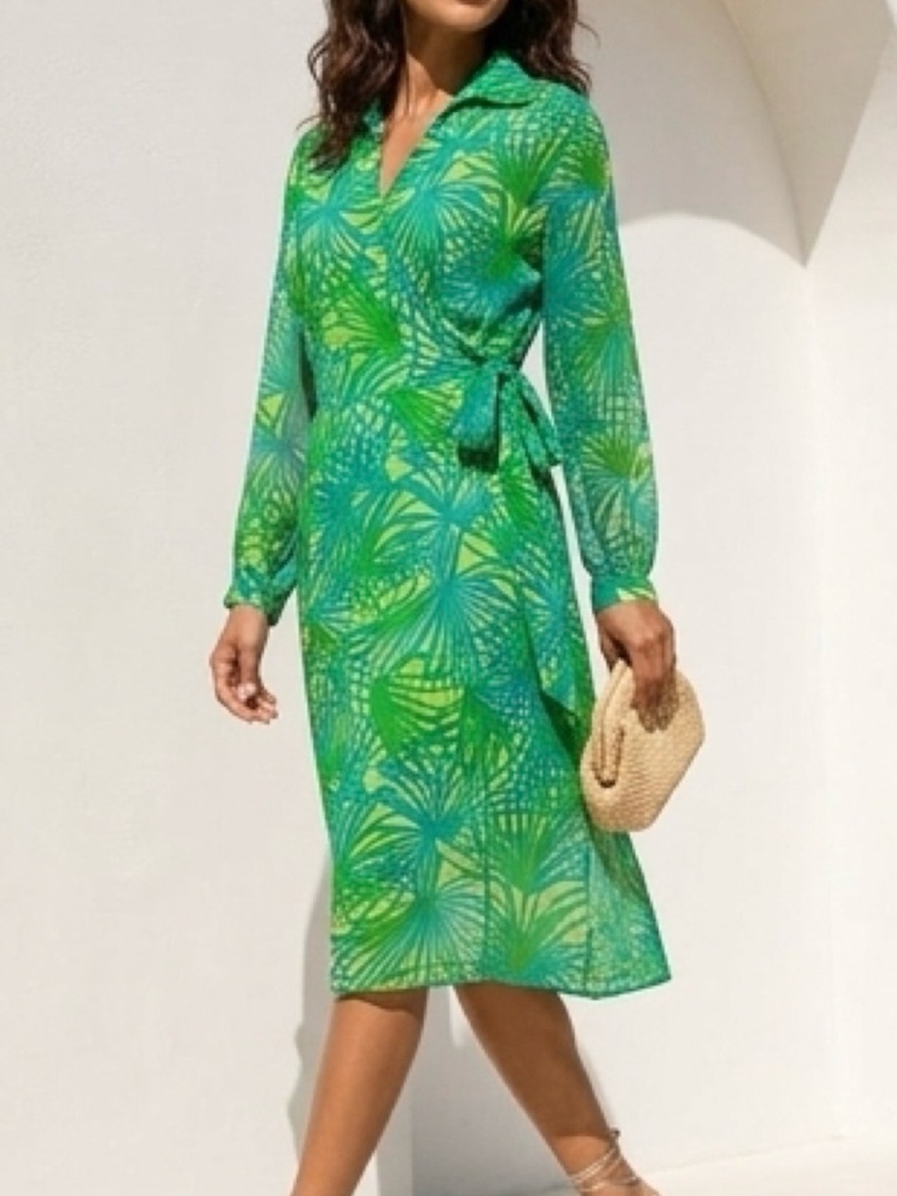 ICE Green Tropical Silk Wrap Long Sleeve Dress Vintage